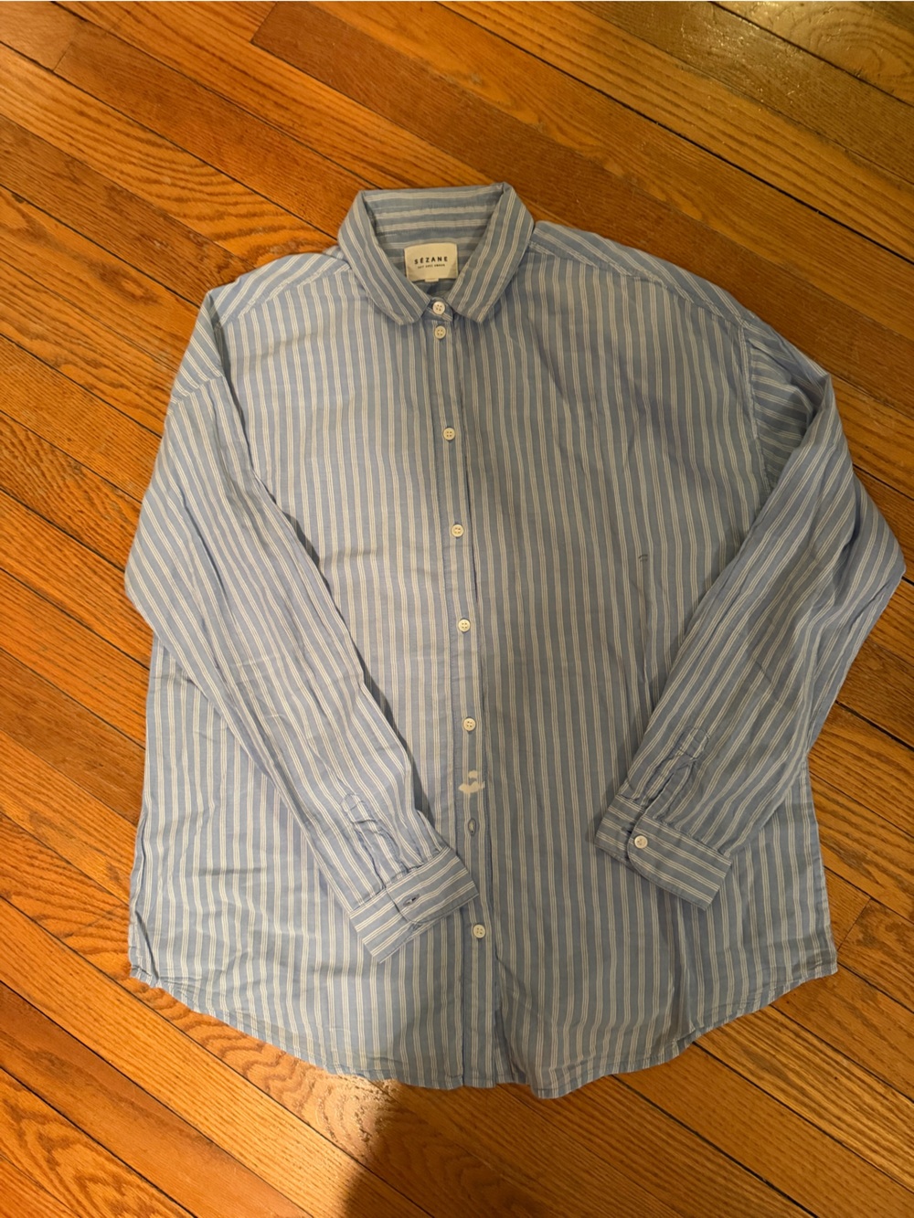 Sezane Light Blue and White Striped Button-Down Shirt